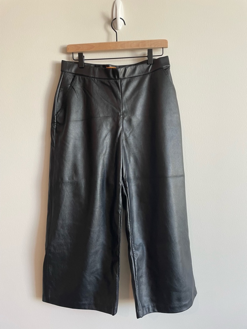 Pull on black faux vegan leather pants soft high waist wide leg cropped pockets